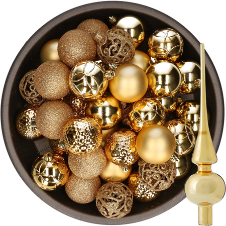 37x stuks kunststof kerstballen 6 cm incl. glazen piek glans goud