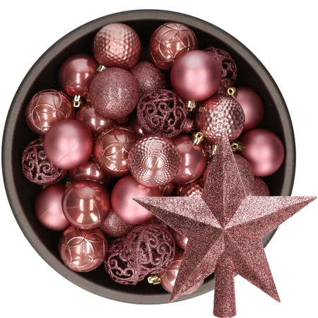 37x pcs plastic christmas baubles 6 cm and star topper dusty pink