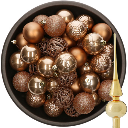 37x pcs plastic christmas baubles camel brown 6 cm and glass topper gold