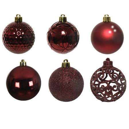Kunststof kerstballen 74x stuks wol wit en donkerrood 6 cm