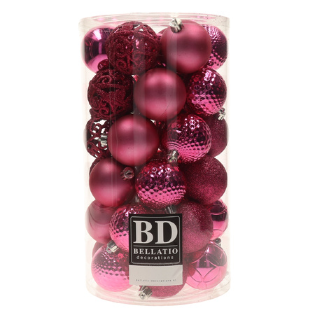 Kunststof kerstballen 74x stuks wol wit en fuchsia roze 6 cm