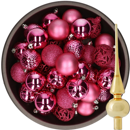 37x pcs plastic christmas baubles fuchsia pink 6 cm and glass topper gold