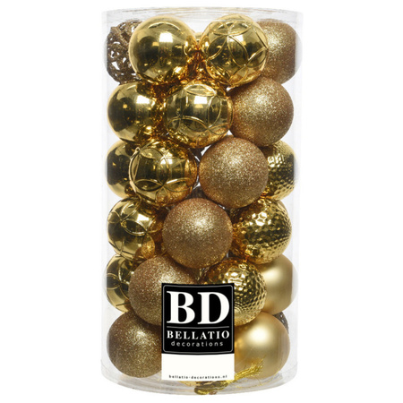 37x stuks kunststof kerstballen goud 6 cm inclusief kerstbalhaakjes