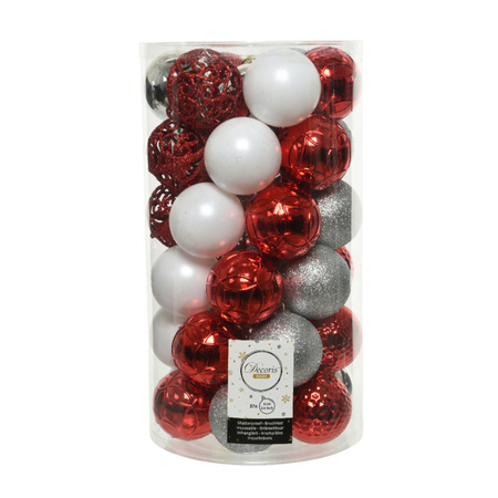 37x Plastic christmas baubles silver/red/white 6 cm mix