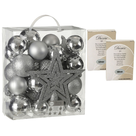 39x pcs plastic christmas baubles/ornaments with star tree topper silver including christmas hooks