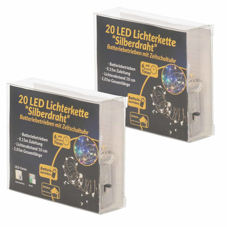 3x Draadverlichting zilver met warm witte LED lampjes 2 meter op batterijen met timer