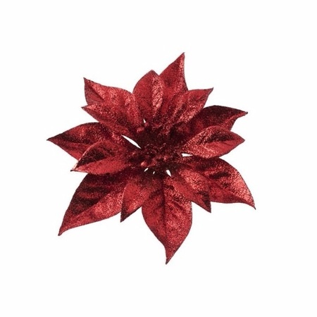 3x Kerstboomversiering bloem op clip rode kerstster 18 cm