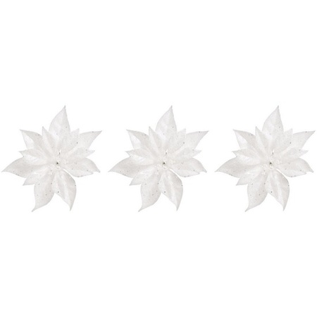 3x Kerstboomversiering bloem op clip witte kerstster 18 cm