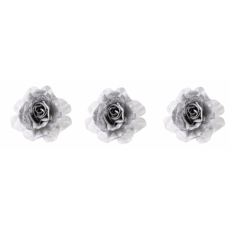 3x Kerstboomversiering bloem op clip zilver/wit kerstbloem 18 cm
