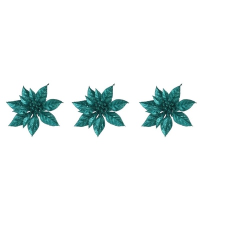 3x Kerstboomversiering op clip emerald groene bloem 15 cm