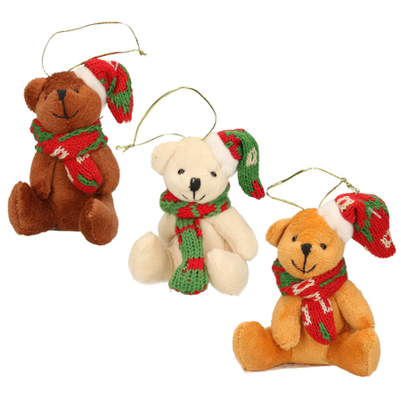 3x Kersthangers knuffelbeertjes wit en beige en bruin met gekleurde sjaal en muts 7 cm