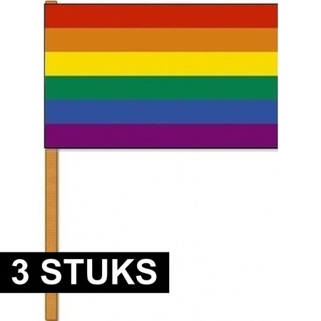 3x Luxe zwaaivlaggen regenboog 30 x 45 cm met houten stok