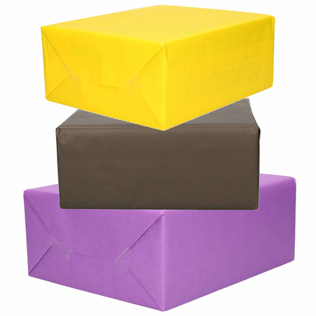 3x Rollen kraft inpakpapier geel/zwart/paars 200 x 70 cm
