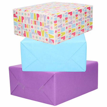 3x Rollen kraft inpakpapier lichtblauw/paars/happy birthday 200 x 70 cm