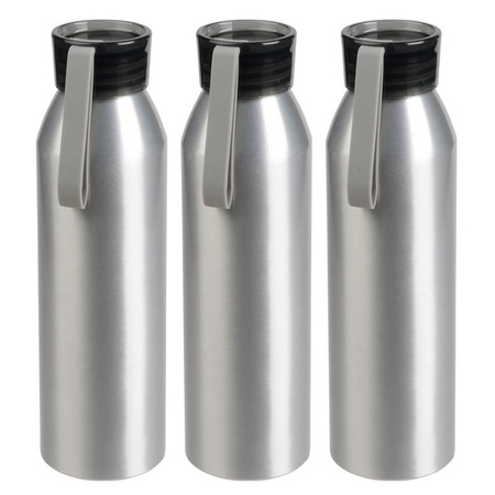 3x Stuks aluminium waterfles/drinkfles zilver met grijze kunststof schroefdop 650 ml