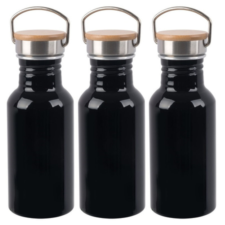 3x Stuks aluminium waterfles/drinkfles zwart met bamboe schroefdop 550 ml