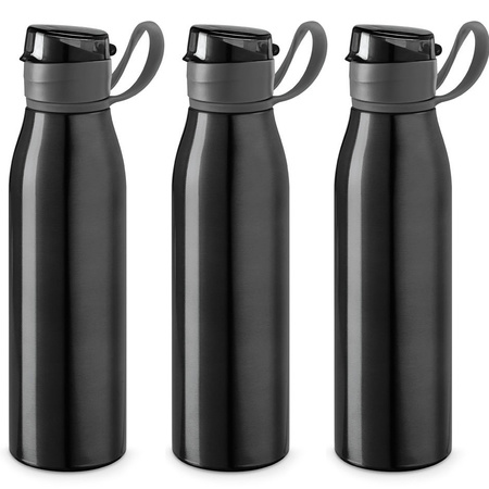 3x Pieces aluminum water bottle/drinking bottle black with valve cap and handle 650 ml