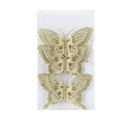 3x pcs decoration butterflies on clips glitter gold 14 cm