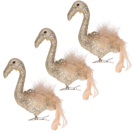 3x stuks decoratie vogels op clip flamingo goud 13 cm