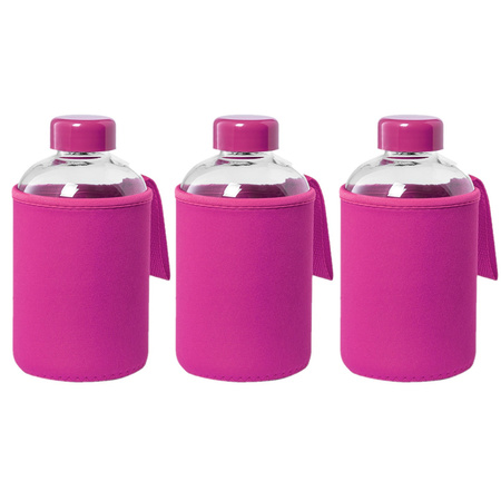 3x stuks glazen waterfles/drinkfles met fuchsia roze softshell bescherm hoes 600 ml
