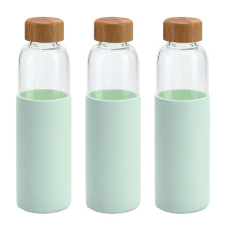 3x Stuks glazen waterfles/drinkfles met mint groene siliconen bescherm hoes 600 ml