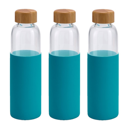 3x Stuks glazen waterfles/drinkfles met turquoise blauwe siliconen bescherm hoes 600 ml