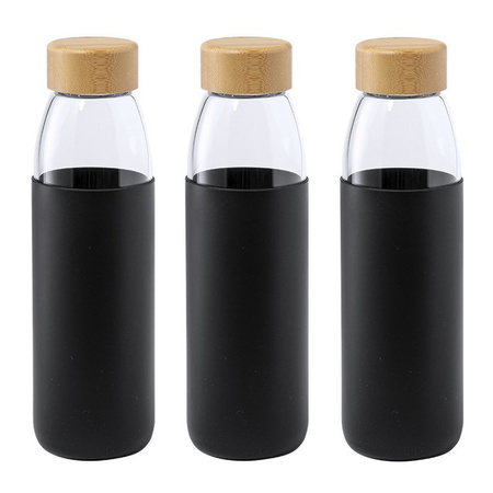 3x Stuks glazen waterfles/drinkfles met zwarte siliconen bescherm hoes 540 ml