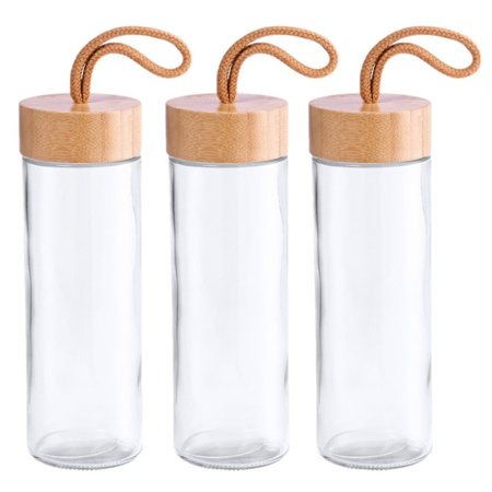 3x Stuks glazen waterfles/drinkfles transparant met bamboe houten dop met handvat 420 ml
