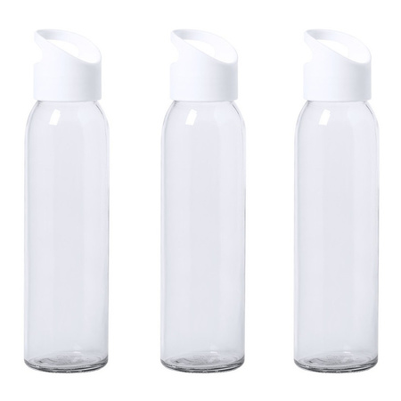 3x Stuks glazen waterfles/drinkfles transparant met schroefdop met wit handvat 470 ml