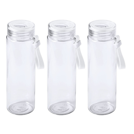 3x Stuks glazen waterfles/drinkfles transparant met schroefdop wit handvat 420 ml