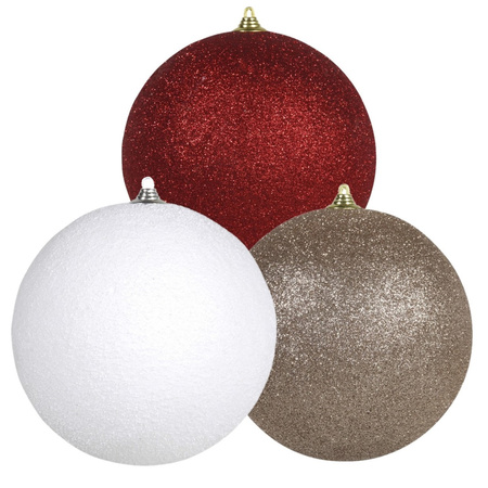 3x stuks grote glitter kerstballen van 18 cm set - Champagne - Wit - Rood