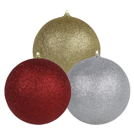 3x stuks grote glitter kerstballen van 18 cm set - Goud - Zilver - Rood