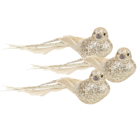 3x stuks kunststof decoratie vogels op clip goud glitter 21 cm