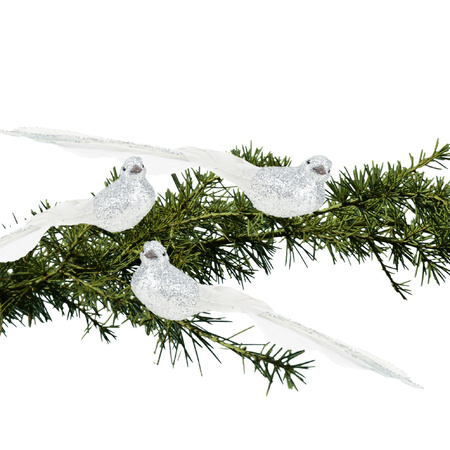 3x stuks kunststof decoratie vogels op clip zilver glitter 21 cm