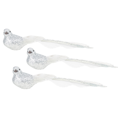 3x pcs plastic birds on clip silver glitter 21 cm