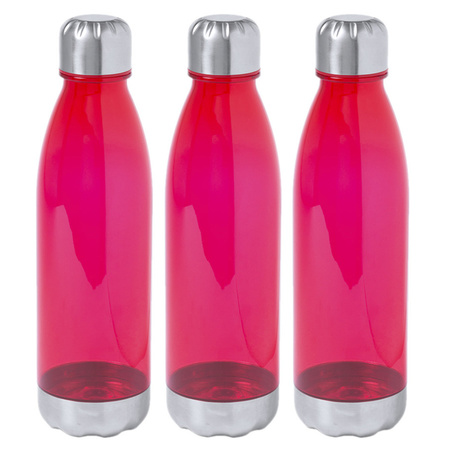 3x Stuks kunststof waterfles/drinkfles transparant rood met Rvs dop 700 ml