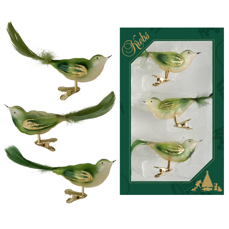 3x stuks luxe glazen decoratie vogels op clip groen 11 cm