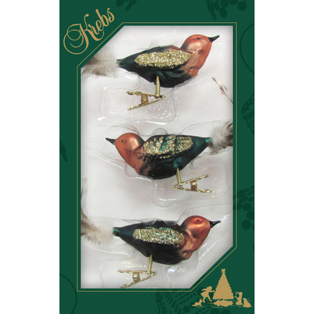 3x stuks luxe glazen decoratie vogels op clip groen/bruin 11 cm