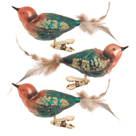 3x stuks luxe glazen decoratie vogels op clip groen/bruin 11 cm