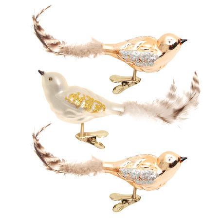 3x stuks luxe glazen decoratie vogels op clip natural velvet 11 cm