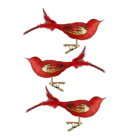 3x pcs luxury glass birds on clip red 11 cm
