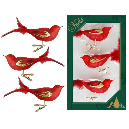 3x stuks luxe glazen decoratie vogels op clip rood 11 cm