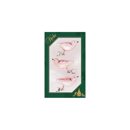 3x stuks luxe glazen decoratie vogels op clip velvet roze 11 cm
