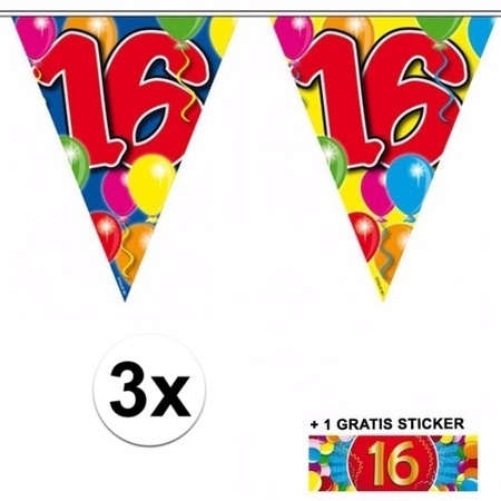 3x vlaggenlijn 16 jaar met gratis sticker