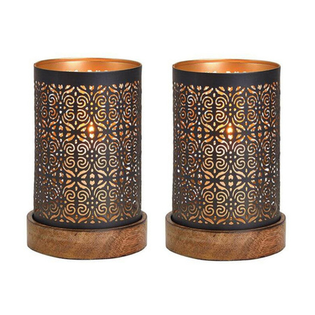 3x Tealight holders black/copper on wooden base18 x 10 cm