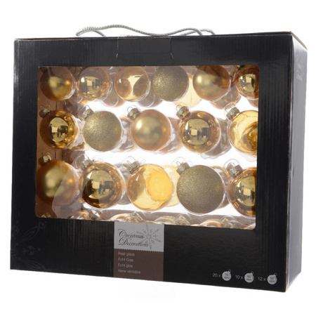 Kerstversiering glazen kerstballen mix pakket 5-6-7 cm goud 42x stuks met haakjes