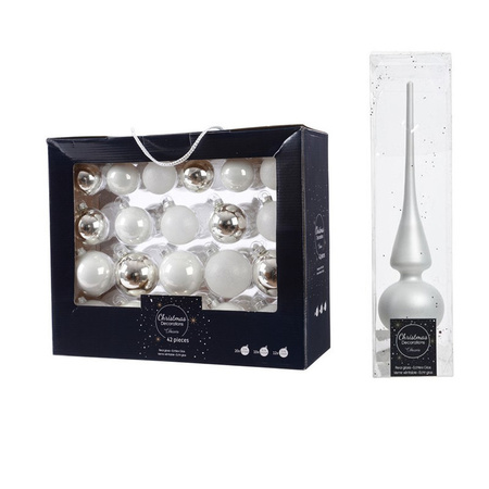 42x stuks glazen kerstballen wit/zilver 5-6-7 cm inclusief witte piek