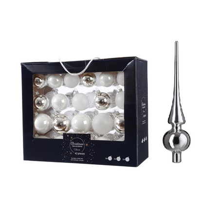 42x stuks glazen kerstballen wit/zilver 5-6-7 cm inclusief zilveren piek