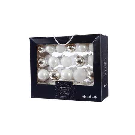 42x stuks glazen kerstballen wit/zilver 5-6-7 cm inclusief zilveren piek