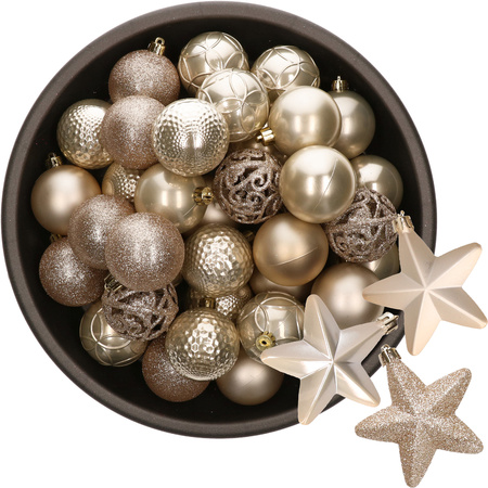 43x stuks kunststof kerstballen en sterren ornamenten champagne